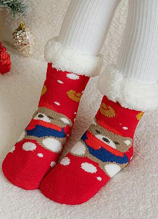 Теплые детские носки на меху антискользящие с мишкой красные one size