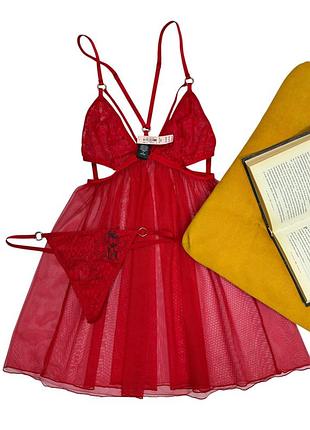 Жіночий романтичний червоний комплект пеньюар + труси стрінги victoria’s secret оригінал