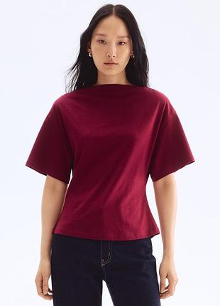 H&m винная футболка бордовая вырез лодочка приталенная короткий широкий рукав хлопок