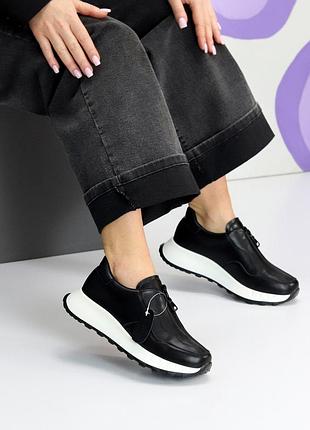 Стильные черные кожаные кроссовки на молнии доступная цена