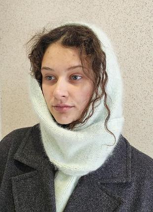 Капюшон-шарф из ангоры снежная мята  | тёплый вязаный шарф-капор на зиму