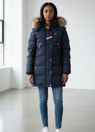 Пуховик длинный темно-синий