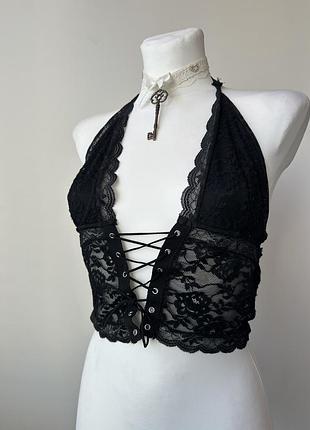 Готичний чорний мереживний напівпрозорий топ на завʼязках shein готика рейв gothic rave punk grunge killstar demonia dollskil