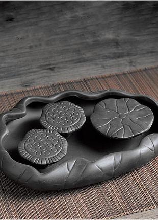 Чабань глиняный тройной лотос черный (23 см), чайный столик для чайной церемонии, чайная доска