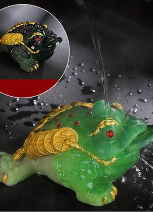 Чайна іграшка жаба багатства зелена середня важка, іграшка для чайної церемонії, чайна фігурка
