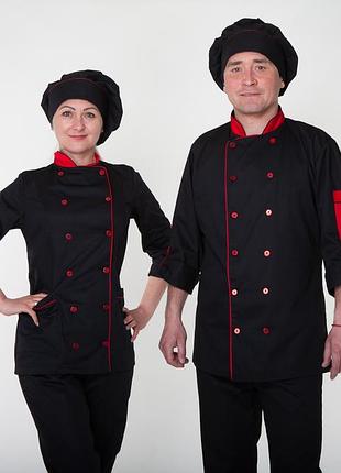 Чоловічий жіночий костюм кухаря чорний тканина котон на гудзиках суши