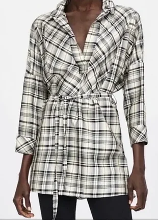 Женское мини платье туника в клетку под пояс боковые разрезы от zara