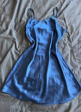 Синя сатинова нічна сорочка, пеньюар