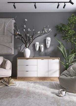Большой комод с дверями и 3-мя ящиками эверест сити-1500 150,2х38х74,6 дуб сонома/белый (dtm-071102)