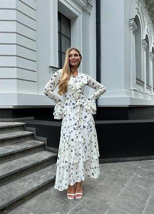 Шифоновое  платье в принт с воланами