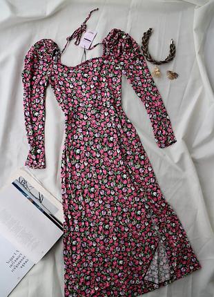 Брендовое платье цветочное миди с разрезом на ноге принт тюльпаны miss selfridge