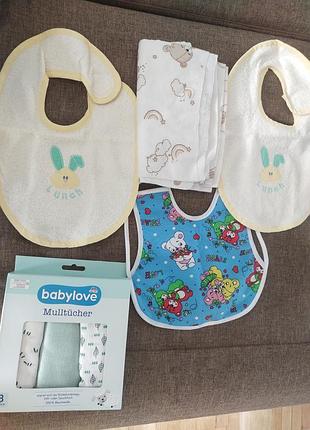 Детские слюнявчики, пеленки муслиновые babylove