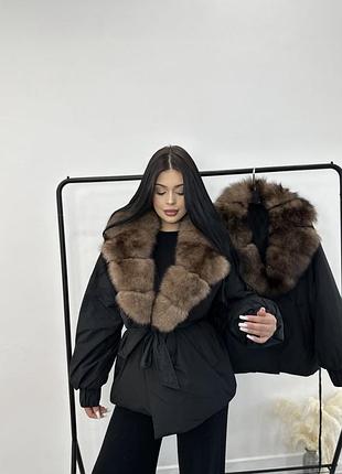 Пуховик куртка з натуральним хутром песця під пояс lasagrada