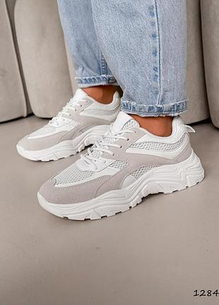 Кросівки жіночі cova білі + сірий, натуральна замша