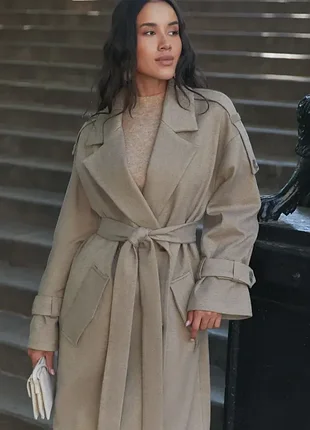 Демисезонный тренч пальто 40% шерсть оверсайз кроя на пуговицах с поясом