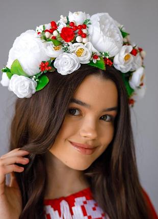 Обруч для волосся український квіти біло червоний