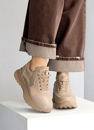 Стильные женские кожаные бежевые кроссовки весенние натуральная кожа весна осень