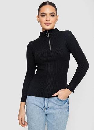 Женская кофта на молнии в рубчик, черный цвет