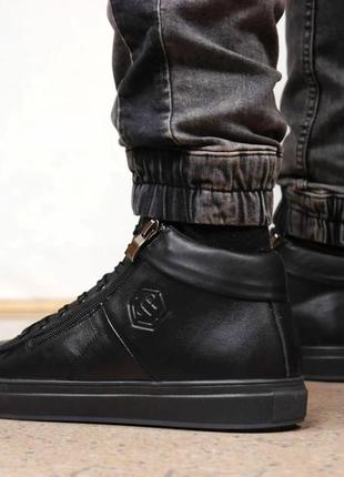 Зимние кожаные ботинки кроссовки на меху philipp plein zipper leather3 фото