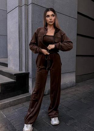 Шоколадний велюровий спортивний костюм кофта на блискавці та широкі штани