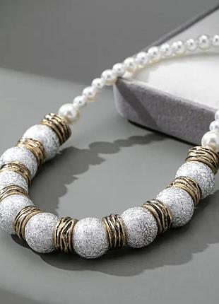 Кольє «срібний акцент» – перлинне намисто з фактурними намистинами, жіноча біжутерія, жіноче намисто, українське намисто