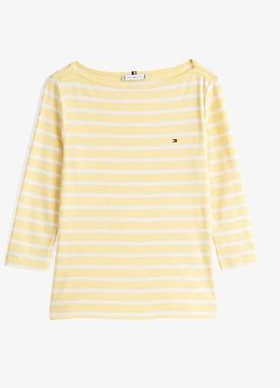 Новая.футболка трикотажная с мысом лодочкой tommy hilfiger slim three-quarter sleeve boat neck t-shirt citronella ivory оригинал.зе свежей коллекции