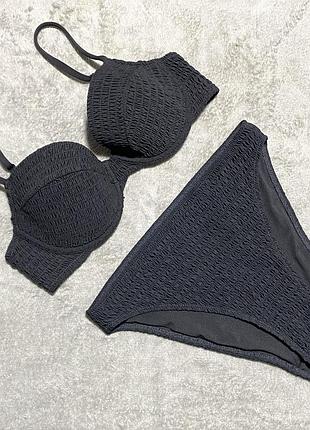 Купальник черный раздельный жатка на косточках высокая талия посадка плотная чашка 75b/c