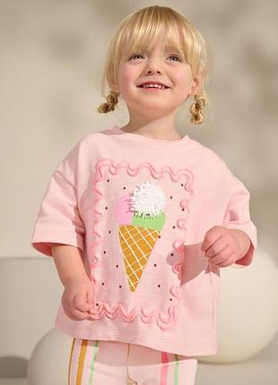 Зібраний комплект з плотної футболки з аплікацією морозива🍨 та шортів в рубчик