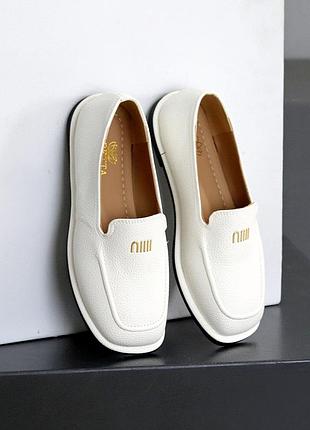 Белые мокасины балетки квадратный носок экокожа