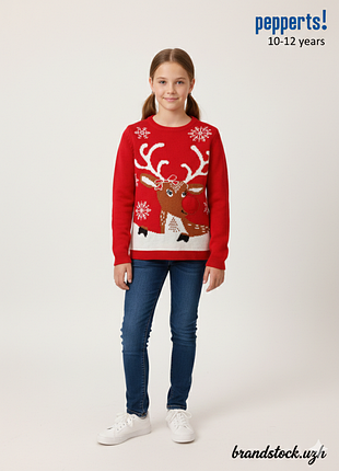 Новогодний свитер pepperts р. 146-152 (10-12 лет) красный с оленем