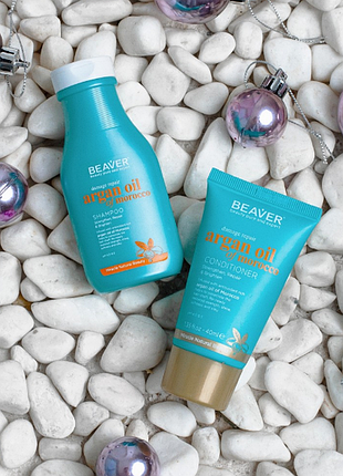 Тревел-набор beaver argan oil & keratin: шампунь 60 мл + кондиционер 40 мл с аргановым маслом и кератином)
