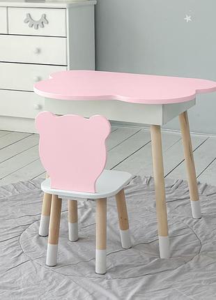 Столик хмаринка з нішею для речей 54х68х50 і стільчик спинка медведик 26.5х26х25, стіл та стілець в дитячу, білий з рожевим