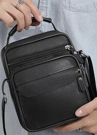 Мужская кожаная борсетка через плечо компактная функциональная с ручкой черная 86802
