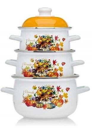 Набір емальованих каструль edenberg eb-1888 1.6/2.3/3.0 л з малюнком 3 шт. 6 предметів