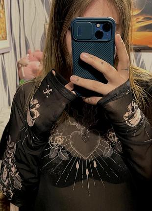 Прозорий джемпер сітка з тату принт череп y2k від h&m