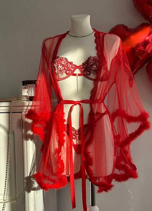 Халат прозрачный + комплект нижнего белья красный