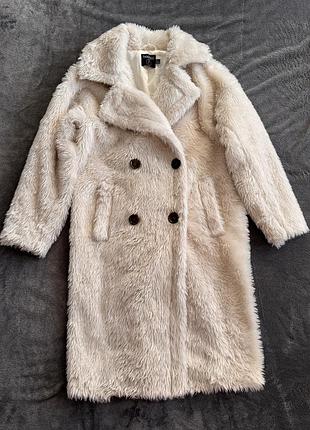 Молочне світло-бежеве двобортне пальто шубка тедді зі штучного хутра boohoo