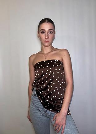 Топ майка кроп топ zara шоколадный цвет в принт горошек коллекция 2025 года