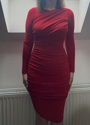 Червона вечірня міді сукня/сукня з драпіровкою/ вечірня червона сукня