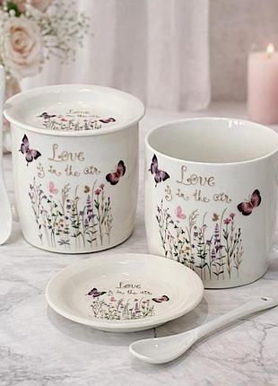 Распродажа! набор керамических чашек с ложечкой и блюдцем, 350 мл "весна"