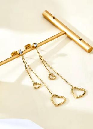 Длинные серьги-цепочки с ажурными сердечками (нержавеющая сталь)