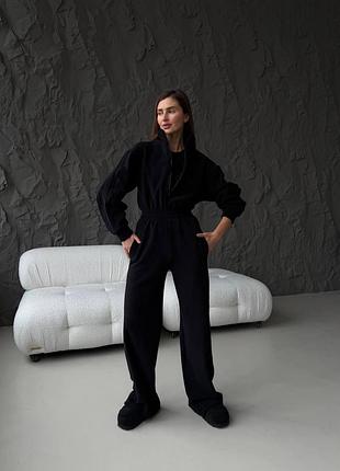 🔥якість🔥 дуже теплий щільний флісовий комбінезон на високій талії з брюками палаццо на змійці