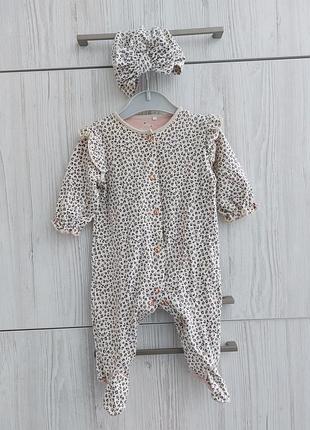 Комплект хлопковый человечек и шапочка чалма с бантиком next с леопардовым принтом для девочки 0-3м