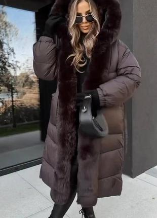 Зимова жіноча куртка подовжена вільного крою з обробкою еко норки