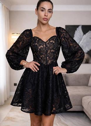 Жіноча сукня міні з мереживом з корсетом на шнурівці чорна плаття коротке