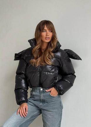 Жіночий теплий укорочений пуфер пуховик укорочена дута куртка чорна