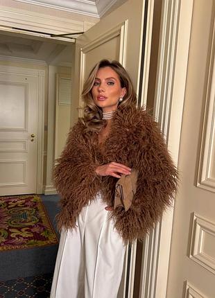 Жіноча укорочена коротка шуба шубка штучне хутро лами лама коричнева
