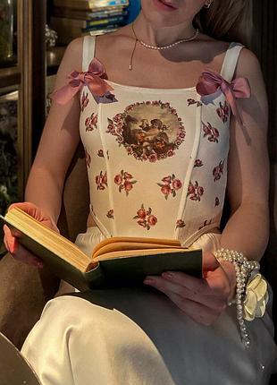 Женский корсетный топ - корсаж с принтом Ангелов в стиле рококо petite rose