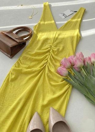 Стильное желтое платье миди от zara, размер s