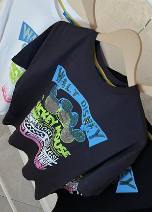 Распродажа 🏷 турецкий оверсайз удлиненная футболка с сияющим блестящим принтом с стразами десны микки маус mickey mouse